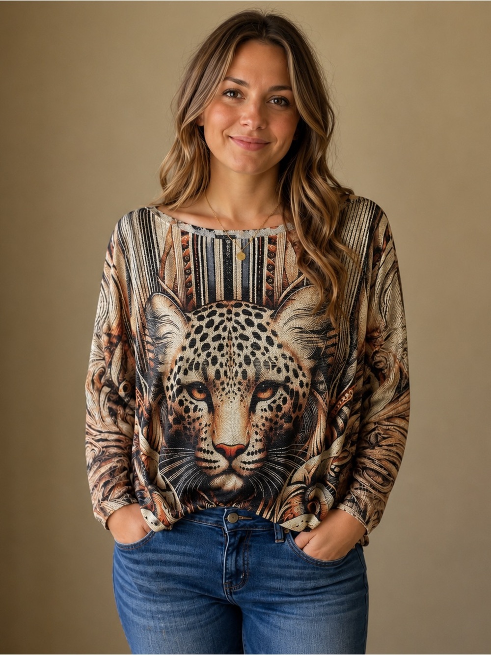 Moda Leopard Face Long Sleeve Top in Tan, Black & Cream